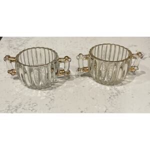 Vintage Jeanette Glass Double Handle (2) Sugar Set Gold Trim 1940s